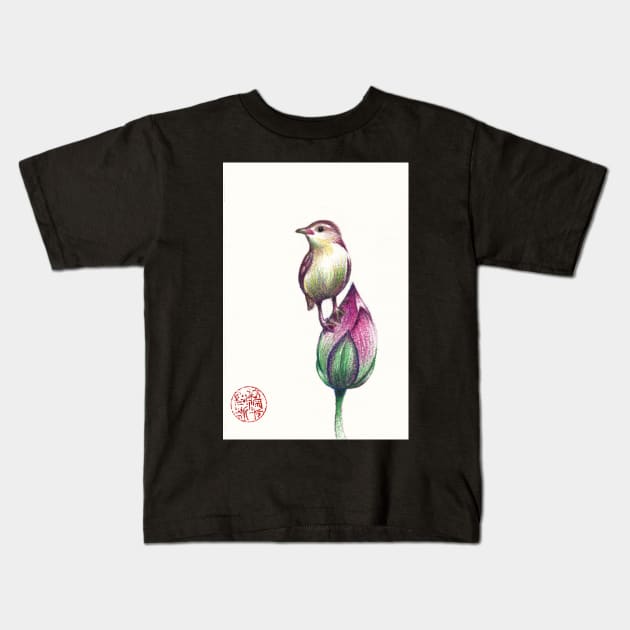 Beautiful Baby Bird on a Bashful Bud Kids T-Shirt by tranquilwaters